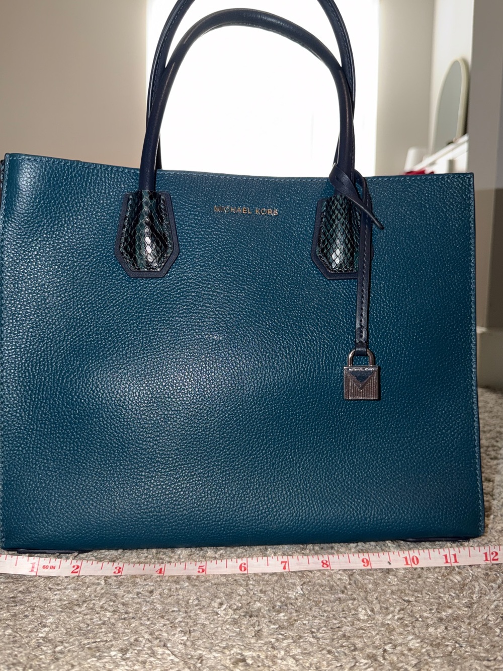 Michael Kors Teal Pebbled Leather Tote with Navy Trim
